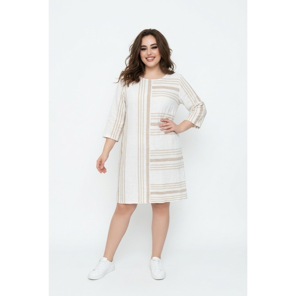 Soft Surroundings Neutral Mixed Stripe Linen Blend Shift Dress Pockets 2X